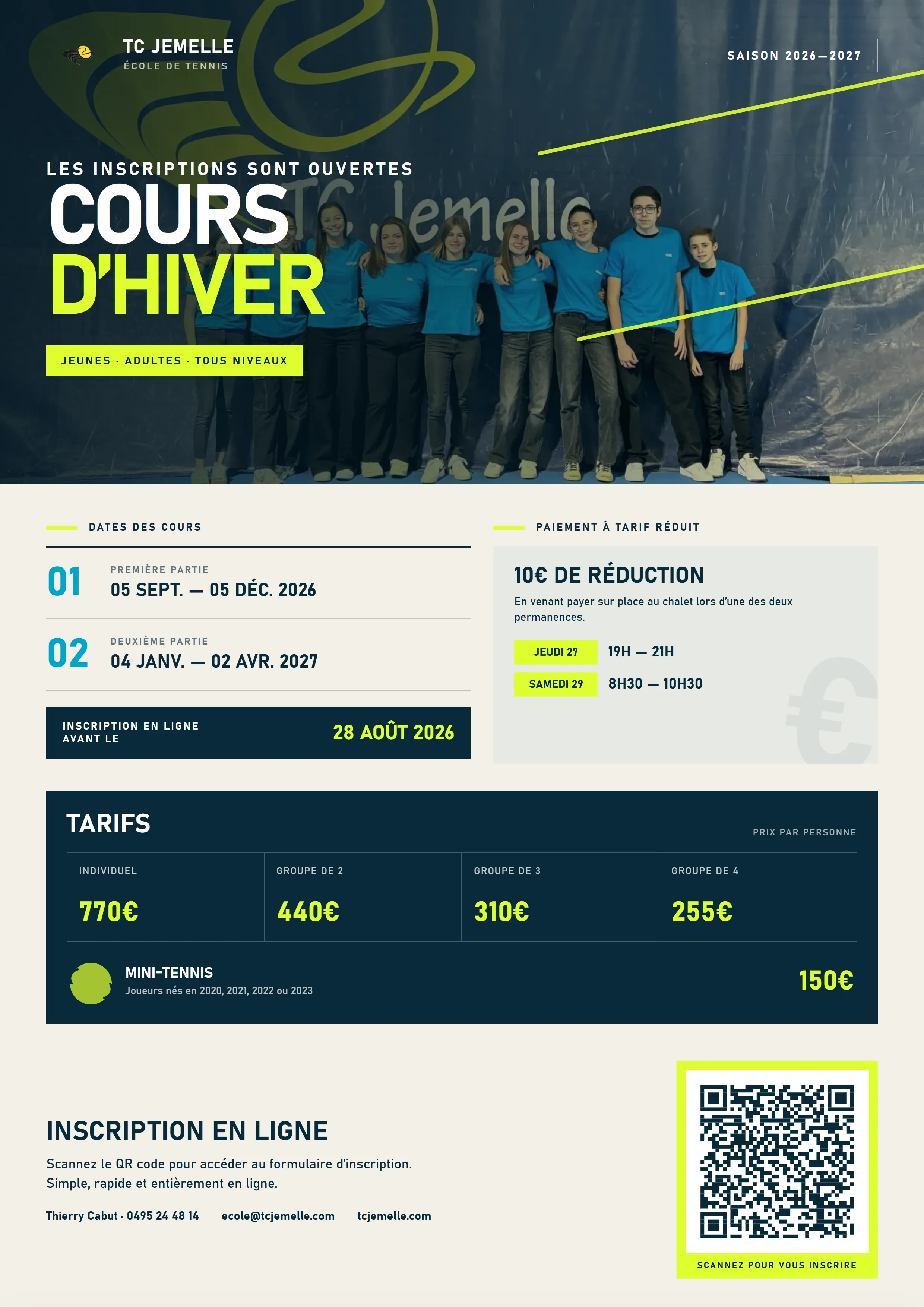 Affiche des cours d’hiver 2026-2027 du TC Jemelle avec dates, tarifs et QR code d’inscription