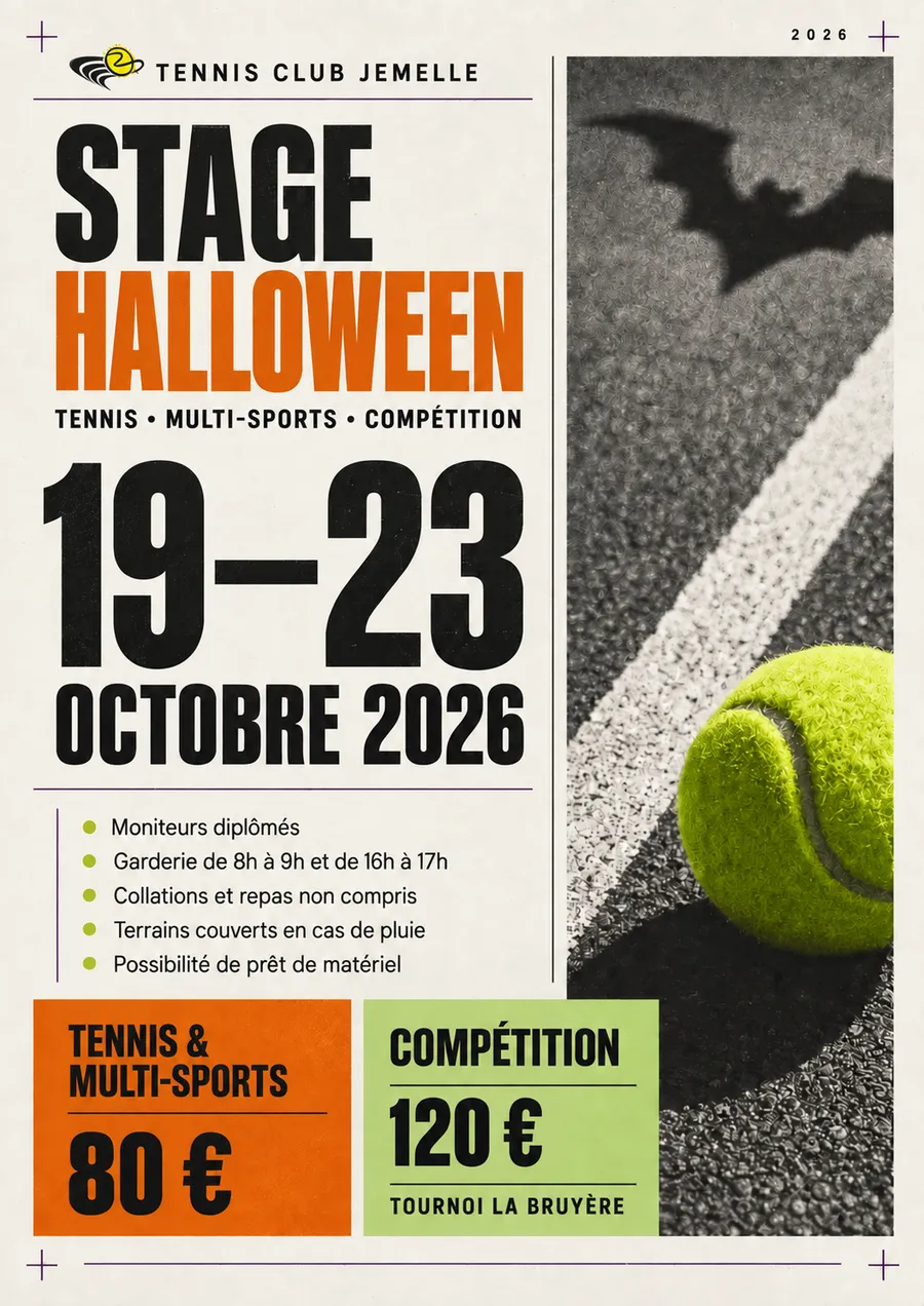 Affiche du Stage Halloween 2026 du TC Jemelle, du 19 au 23 octobre
