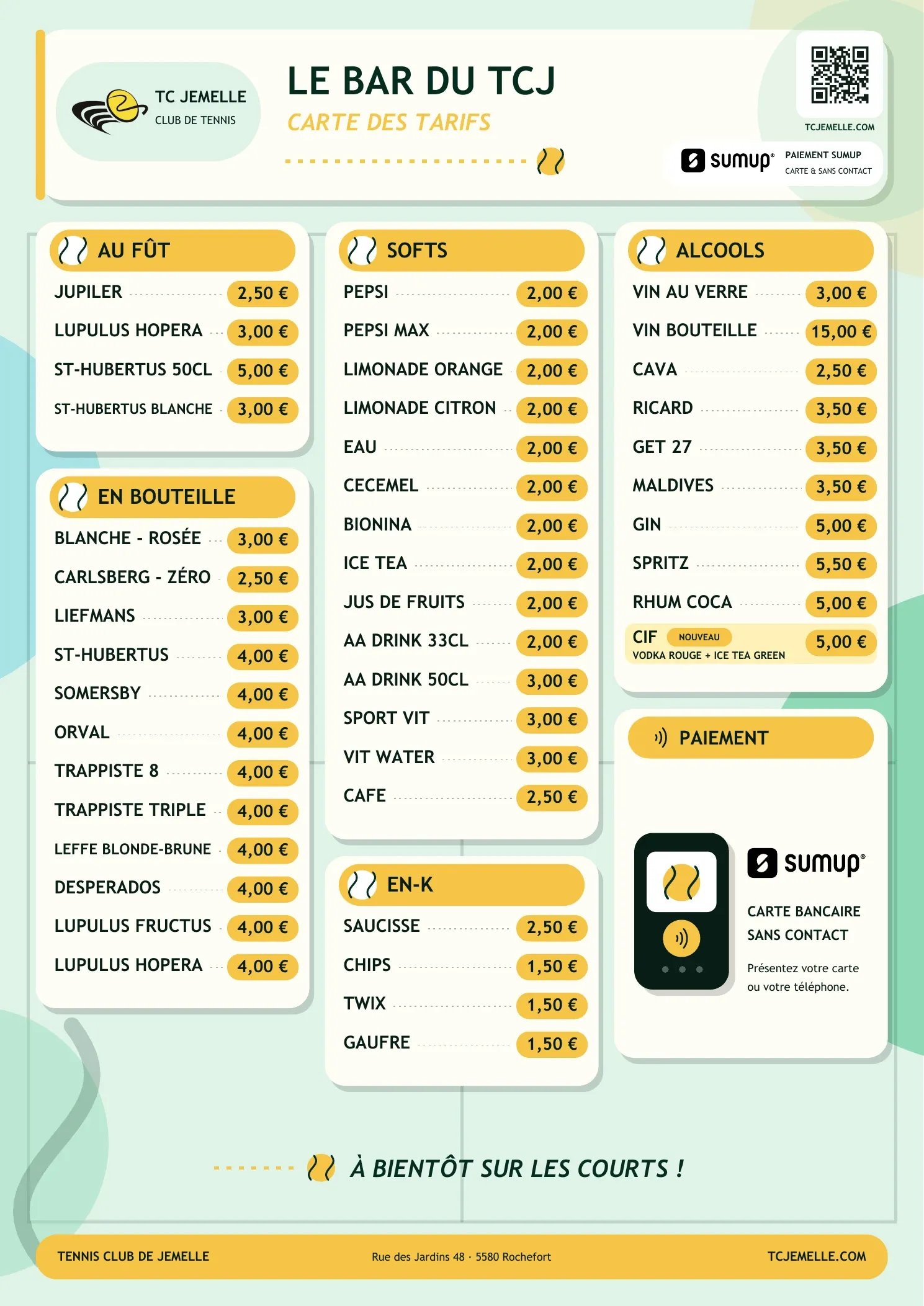 Carte des tarifs du bar du TC Jemelle : boissons, alcools, en-cas et paiement via SumUp